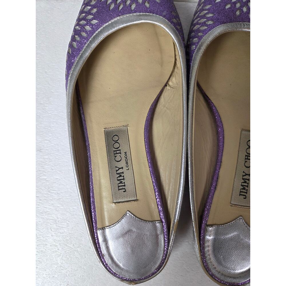 Jimmy Choo Slip On Backless Flats Silver Sparkle Designer 37 1/2 Floral Metalic - Picture 3 of 13